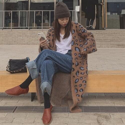 SuperAen New Leopard Print Knitted Cardigan Womens Knee Length Loose Plus Size Seahorse Wool Casual Fashion Sweater Coat