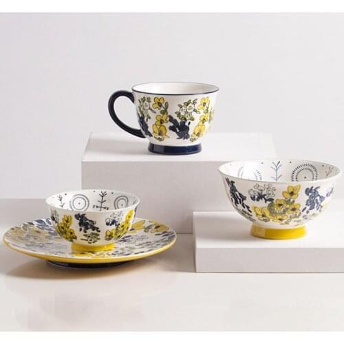 Underglaze Ceramic Plate Hand Painted Craft Decorative Dessert Cake Porcelain Plate Coffee Table Desktop Mug Cup Dish Bowl Set