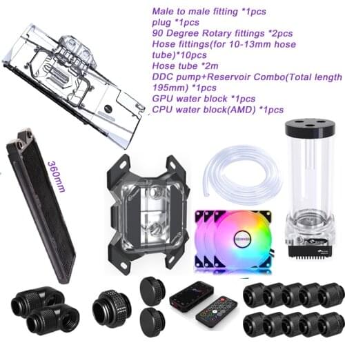 BYKSKI Water Cooling Kit GPU CPU Water Block Water Pump 120mm fan 360mm/240mm Radiator PC system Cooler G1/4' fittings Hose Tube