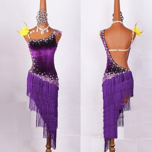 Latin Dance Competition Costume Performing Costume Liuzhou Dress Purple Velvet Water Diamond #LD186