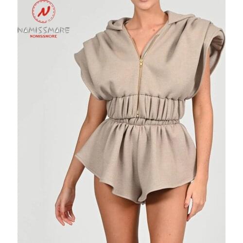 Fashion Women Solid Color Casual Loose 2 Piece Set Hooded Design Zipper Decor O-Neck Sleeveless Short Top+Elastic Waist Shorts