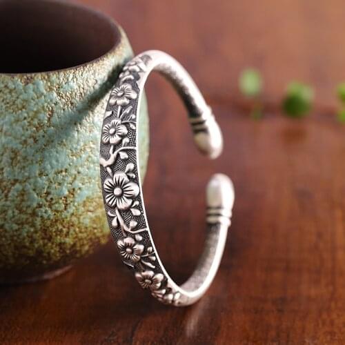 Fashionable Retro Style Womens Open Bracelet with Plum Blossom and 999 Sterling Silver