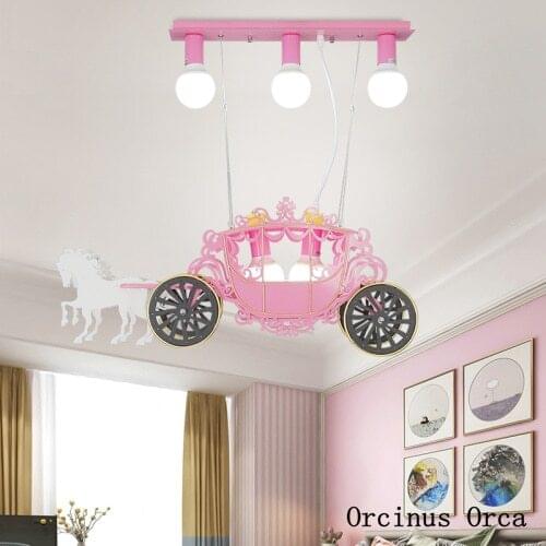 Cartoon creative Pink Princess carriage chandelier Girl Bedroom Princess room lamp European romantic led Chandelier
