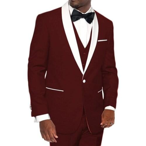 Burgundy Men Suits 3 Pcs White Shawl Lapel One Button Costume Homme Slim Fit Wedding Tuxedos Groom Prom Terno Masculino Blazer