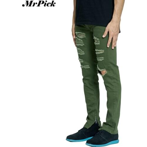 2018 New Men Army Green Ripped Jeans Fashion Motorcycle Slim Skinny Side Ankle Zipper Destroyed Distressed Men Jeans