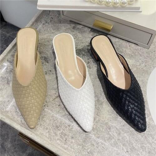 Wood Heels weave mules women flip flops closed toe modern slides summer shoes woman sandals pointed toe knitted slippers femme