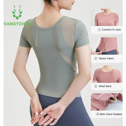 New Women Slim Running Sports T-shirts With Chest Padded Gym Yoga Shirts Mesh Fitness Training Workout Short Sleeve Sportswear