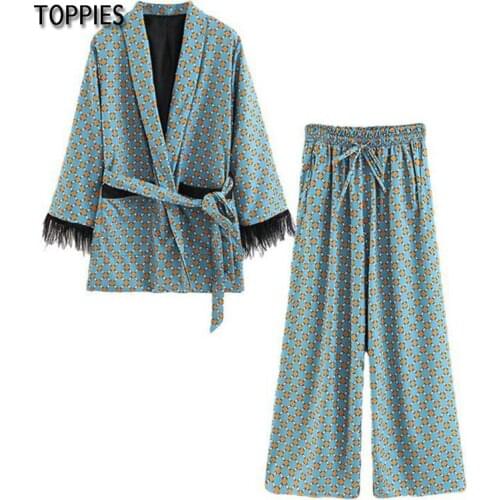 Toppies 2021 Vintage Blue Printed Kimono Jacket with Feather Sleeves Wide Leg Loose Cuasal Two Piece Set Female Homewear
