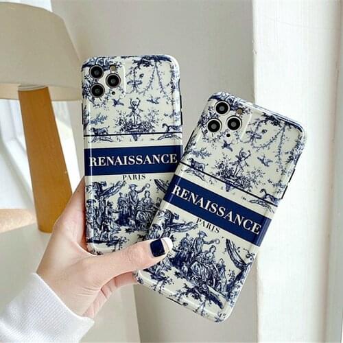 Luxury Retro Paris Style Phone Case For iphone 12 Pro Max 11 7 8 Plus X XR XS Max Vintage Art blue oil Painting Soft Cover Funda