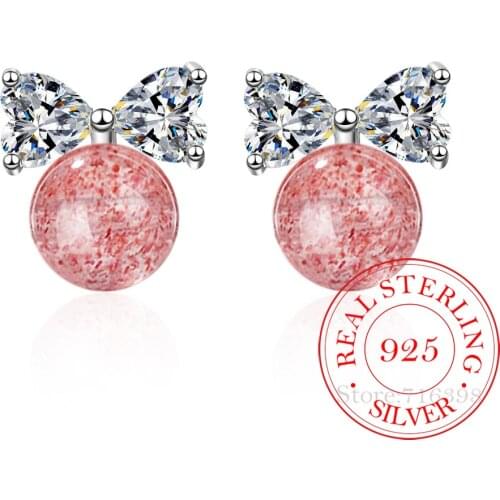 925 Sterling Silver Bowknot Strawberry Crystal Stud Earrings For Women Fashion Jewelry sterling-silver-jewelry pendientes