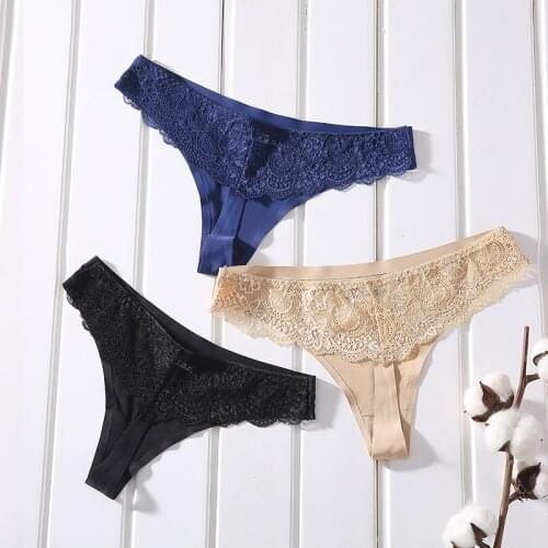 BANNRIOU Seamless Lace Thongs Underwear For Woman Female Sexy Cotton Crotch Ice Silk Woman G-string Sexy Seamless T-back 3 Pcs