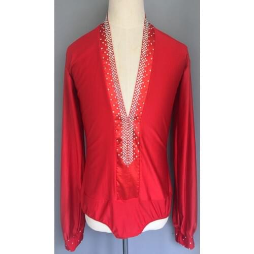 2018 Men/Boy Latin Dance Tops Male Leotard 5 Colors V-Neck Crystal Long Sleeve Competition Stage Top Ballroom Professional Shirt