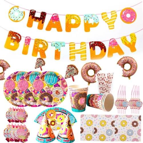 Donut theme party decoration children birthday party disposable tableware set cup saucer top hat birthday baby shower