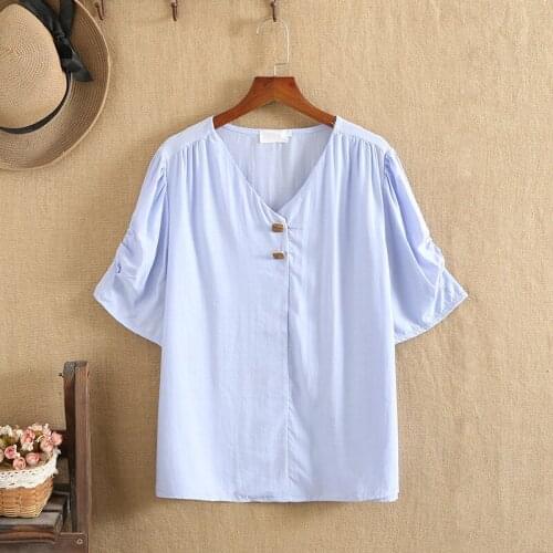 Plus Size Women Clothing In Summer Cotton Fabric With Buttons Short Sleeves Drape Design V-Neck Large Size Shirt For Fatwomen