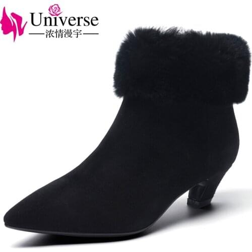 Universe black suede leather women ankle boots low heel winter boots for ladies G405
