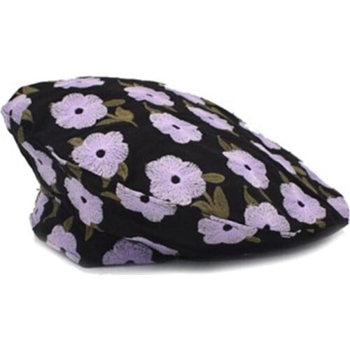 Womens beret hat flower three-dimensional embroidery painter cap summer chiffon thin section breathable beanie cute French Mamo