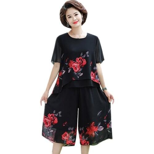 YAGENZ Summer Suit Plus Size Chiffon two Piece Set Women Flower Print Tops Flower Print Cropped Trousers Chiffon 2 Piece Set 780