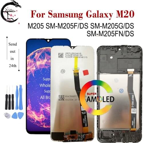 Super AMOLED M205 LCD With Frame For SAMSUNG Galaxy M20 Display SM-M205F/DS M205G M205FN Screen Touch Sensor Digitizer Assembly