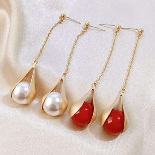 2021 Korean Fashion Long Tassel Red Pearl Earings Luxury Pearls Drop Dangle Earring Designer Statement Earings Women Jewellery