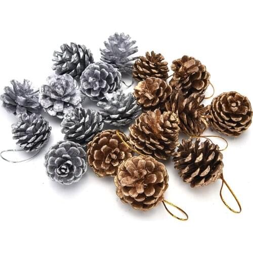 9pcs/Set Christmas Tree Hanging Pine Cones Wood Pinecone Balls For Home Office Party Decoration Ornament Gold Silver Color