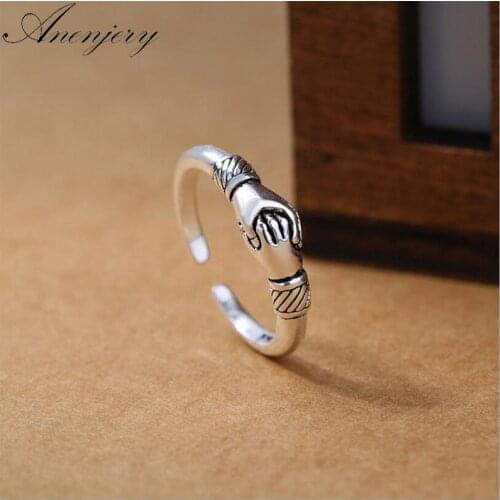 ANENJERY 925 Sterling Silver Vintage Opening Hand In Hand Couple Ring Thai Silver Rings For Men Women Jewelry S-R275