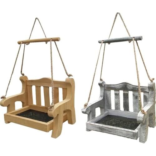 Automatic Hang Food Holder Garden Wooden Chair Shaped Wild Feeder Container Hang Rope Feeding House Type Bird Feeder Decor
