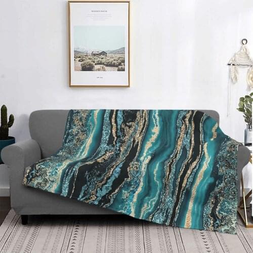 Turquoise Gold Sparkling Luxury Marble Gemstone Art Throw Blanket Hoodie Bed Linen Sofa Bed Blanket Hoodie Cotton Cover