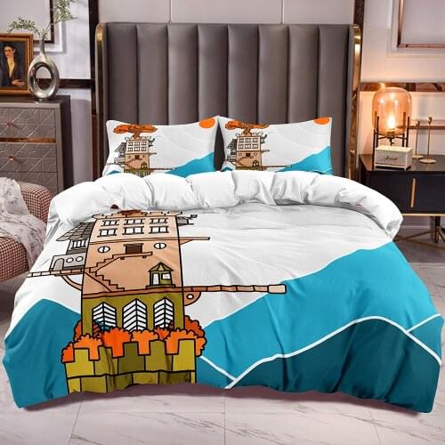 Kids Duvet Cover Bedding Sets with Cartoon Lighthouse Sun Pattern White Reverse Bedding Comforter Cover Sets
