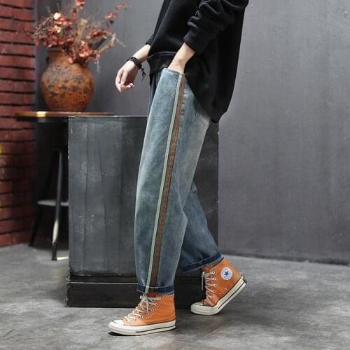 Spring Women Elastic Waist Loose Jeans All-matched Casual Cotton Denim Harem Pants Side Stripe Vintage Jeans