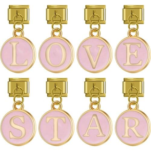 Hapiship 2021 New Original Daisy Pink Round Double Sided 26 Letter Charm Fit 9mm Bracelet Stainless Steel Jewelry Making DJ321