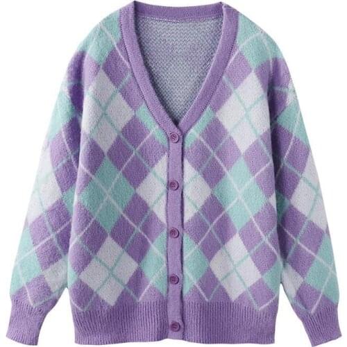 Cardigan Women 2021 Autumn Winter Cute Contrast Print Button Loose Cardigan Sweater Female Knit Jacket Coat Sueters De Mujer