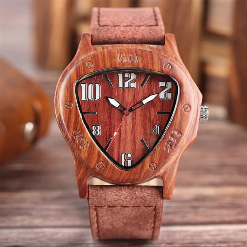 Fashion Men Wooden Wristwatch Sporty Triangle Wood Case Special Number Dials Cool Bamboo Mahogany Sport Watch Unique Gifts Clock