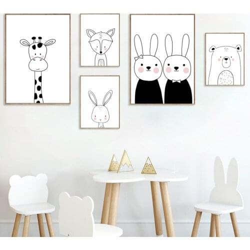 Cartoon Giraffe Rabbit Bear Fox Nordic Posters And Prints Nursery Wall Art Canvas Painting Wall Pictures Baby Kids Room Decor