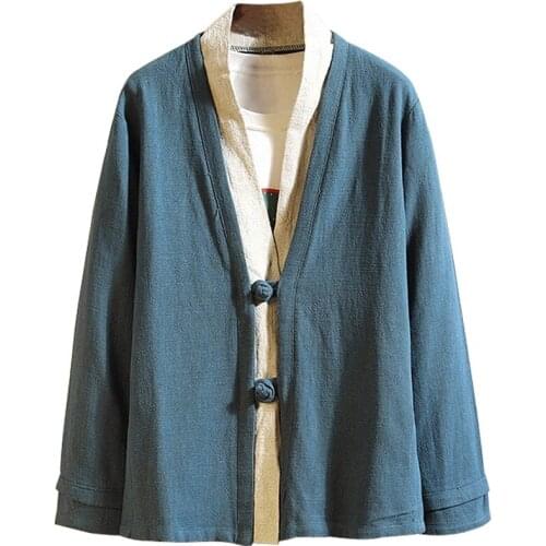 Men Chinese Style Kung Fu Clothes T-Shirt Hanfu Tops Japanese Samurai Kimono Robe Tang Suit Jackets Blouse Asian Coat 30714