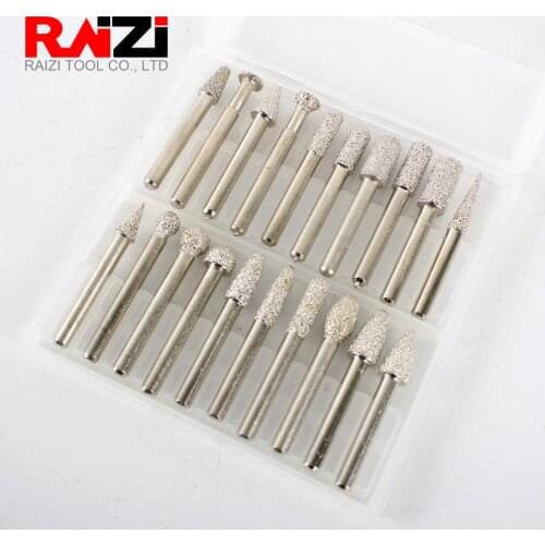 Raizi 20 Pcs Vacuum Brazed Diamond Burs Drill Bits Set For Granite Stone Brick Concrete 1/4 Shank Profiling Carving Head Tools