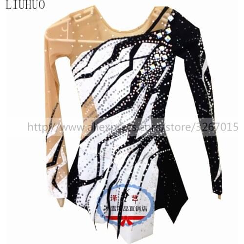 Figure Skating Dress Womens Girls' Ice Skating Competition Dress Round neck long sleeve Black and white stripes pattern