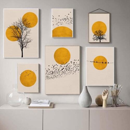 Self-adhesive Wall Sticker Poster Painting Abstract Landscape Print Yellow Color Tress Wall Art Pictures Living Room Decoration