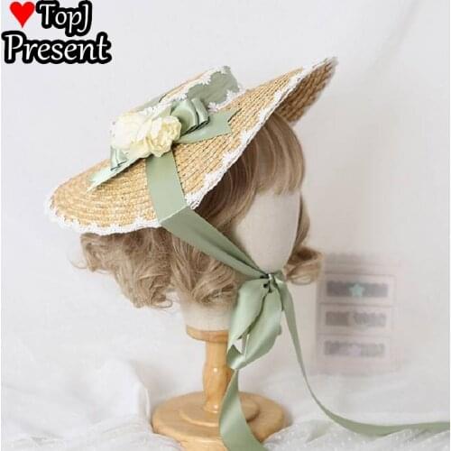Original self-made Lolita lace bow straw hat flat top shade garden flat hat Hanyang eclectic straw hat lolita cosplay accessory