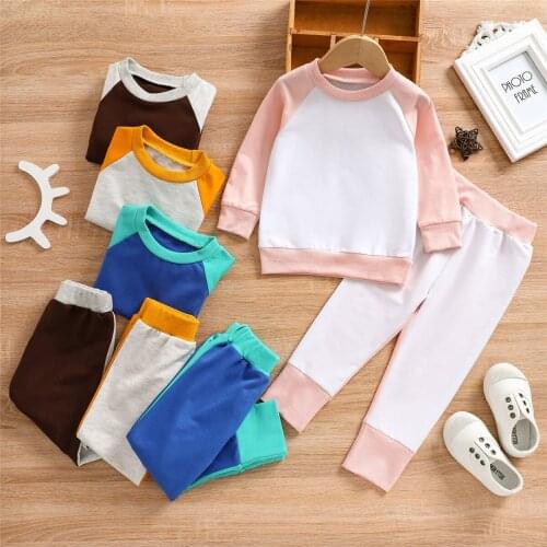 Baby Kid 2Pcs Tracksuit Girl Boy Casual Patchwork Color Long Sleeves Pullover Sweatshirts Top Elastic Waist Pant For Spring Fall