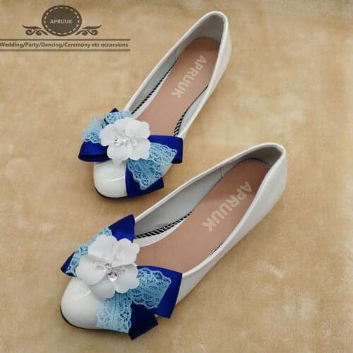 Low heel 3cm wedges blue lace bow wedding shoes bride woman ladies sweet girls dancing party dinner white royal blue shoe