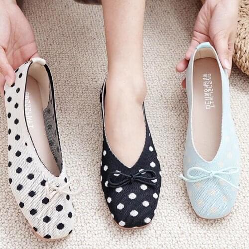 Women Slip On Flat Loafers Polka Dot Knot Square Toe Shallow Ballet Flats Shoes knitting Casual Flat Shoes Ballerina Flats