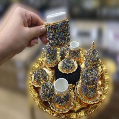 Turkish Coffee Set, Arabic Coffee Set, Gold Color Coffee Set for Six Person, Inlaid and Multi Color Stones, Swarovski Crystal Co