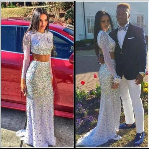 Sparkly Prom Dresses 2020 Mermaid Beaded Elegant Two Pieces Floor Length Long Sleeve Special Occasion Dresses For Evening