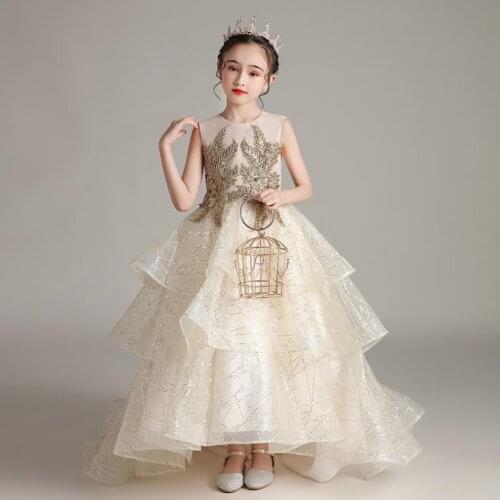 High-end Children Evening gown Sequined stitching Wedding Birthday Party Princess Dress For Girls Kids Piano Host Vestidos L372