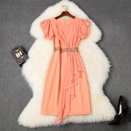 Womens European and American wear 2021 summer new style Short - sleeved round neck with beaded waist Fashion flounces dress