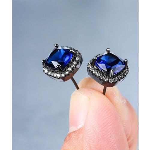 Dainty Female Blue Crystal Stone Earring Classic Black Gold Color Stud Earrings For Women Luxury Square Zircon Wedding Earrings