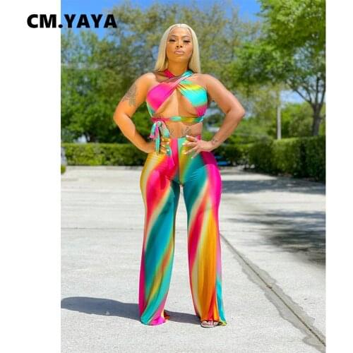 CM.YAYA Women Set Print Halter Bandage Hollow Out Crop Tops Sheaht Elastic Full Length Wide Leg Pants 2 Piece Set Summer Outfit