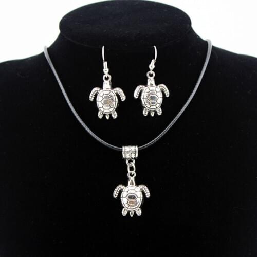 Women Turtles Jewelry Set Antique Silver Animals Pendants Drop Earrings Statement Charm Necklaces Fashion Leather Chain
