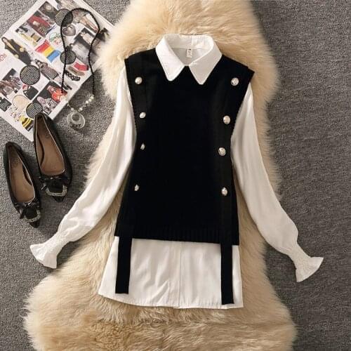 Women 2021 Spring Fashion Two-piece Sets Female New O-neck Buttons Knitted Vest Ladies Solid Color Chiffon Blouses Suits Q235