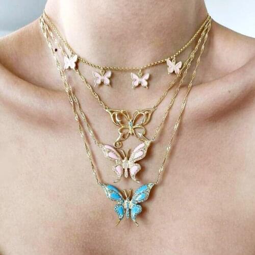 2021 Fashion Jewelry Women CZ Enamel Butterfly Charm Pendant Necklace Gold Color Metal Chain Necklaces Wholesale